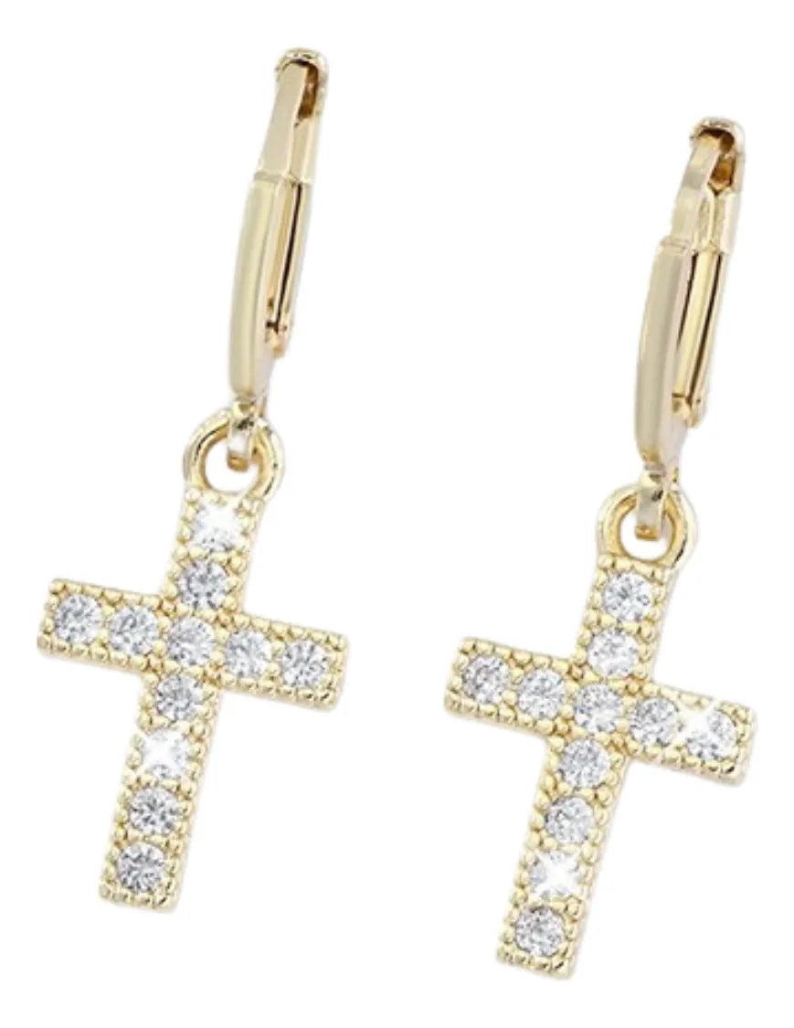 Arete Candonga Mujer Niña Cruz Mediana Oro Laminado Circonio