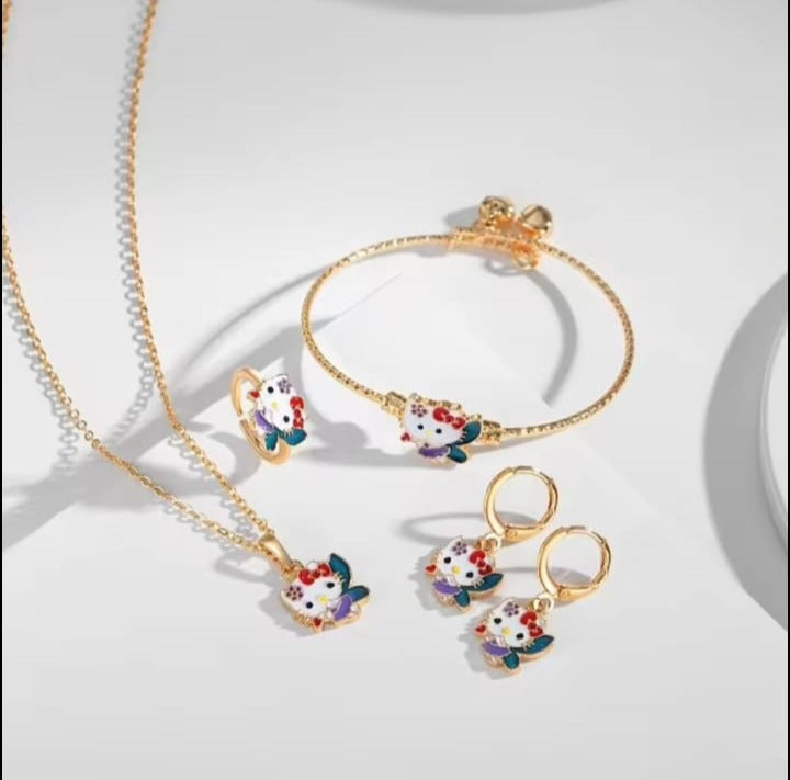 Set Juego Collar+Pulsera+Anillo y Aretes Hada Gatito con baño de oro Oro Laminado Rosa 18K