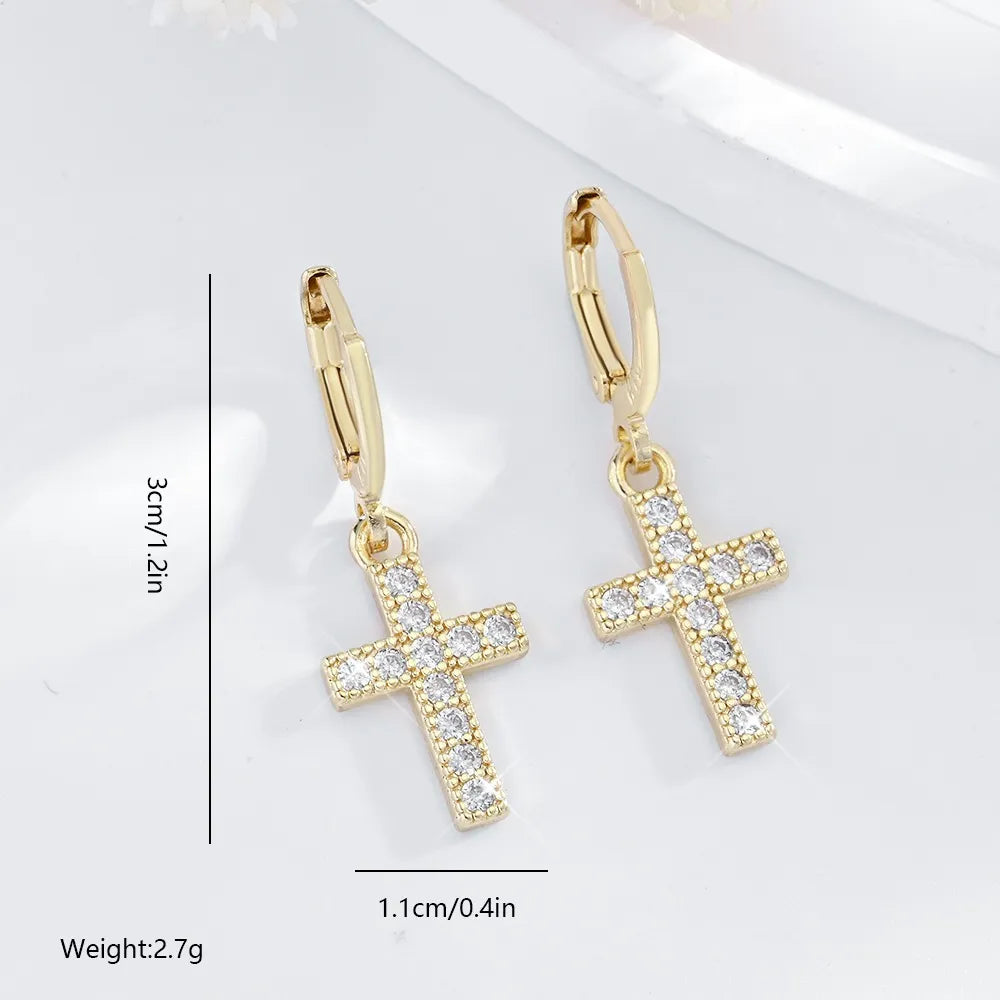 Arete Candonga Mujer Niña Cruz Mediana Oro Laminado Circonio