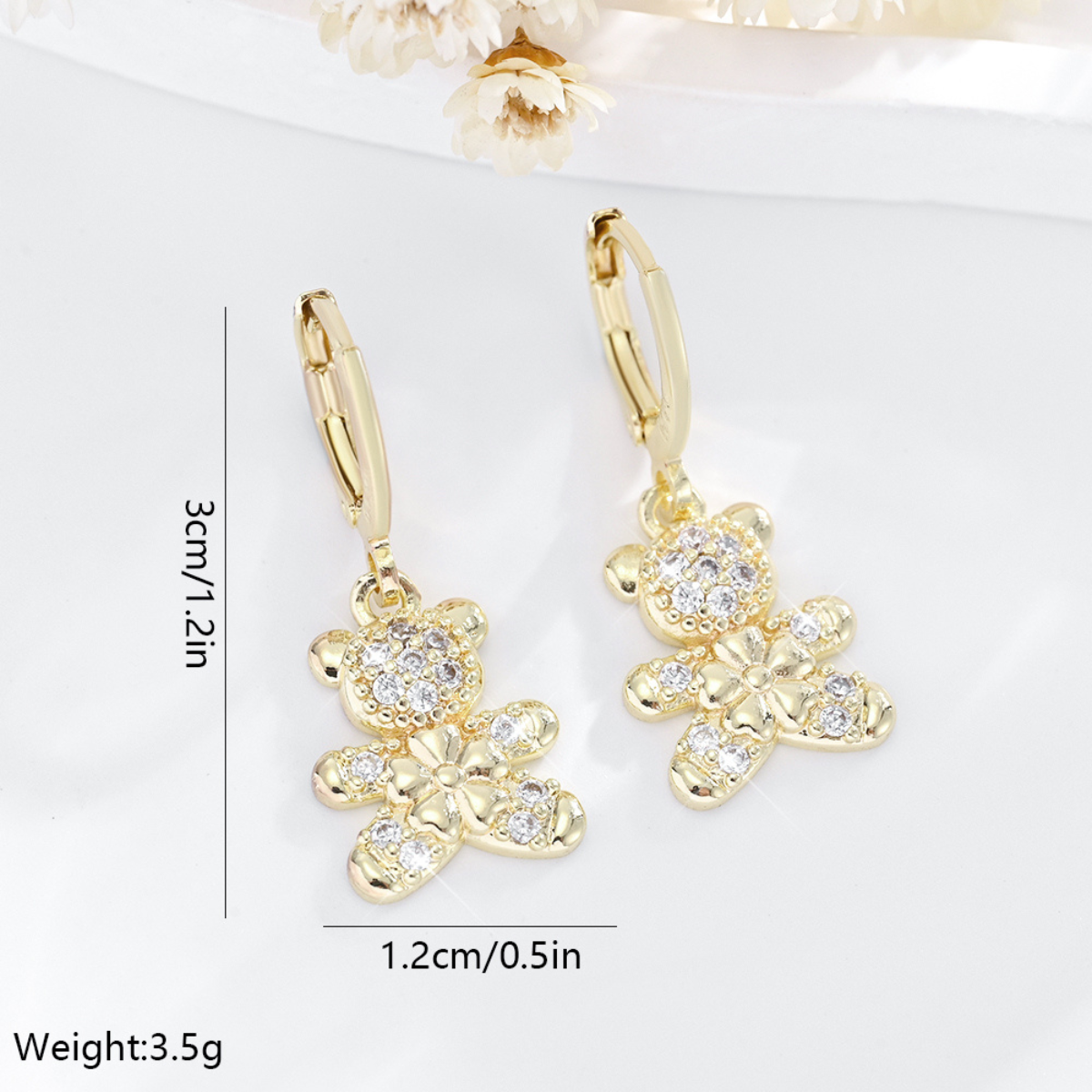 Aretes Candonga Mujer Osito Flor Oro Laminado Circonios