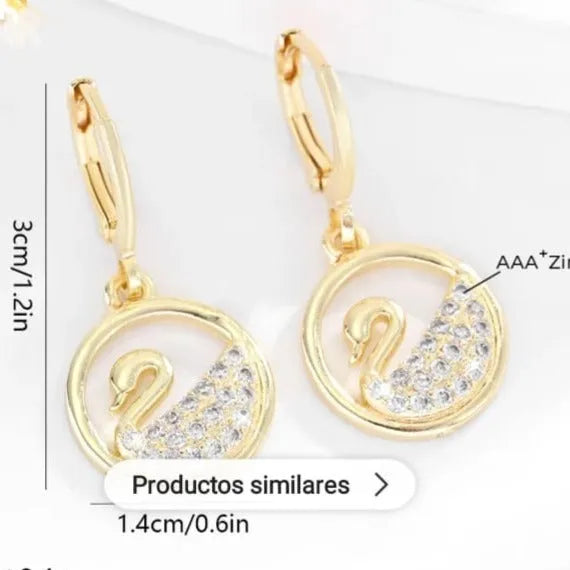 Aretes Para Mujer Niña Cisnes Oro Laminado 18 K Circonios Brillantes