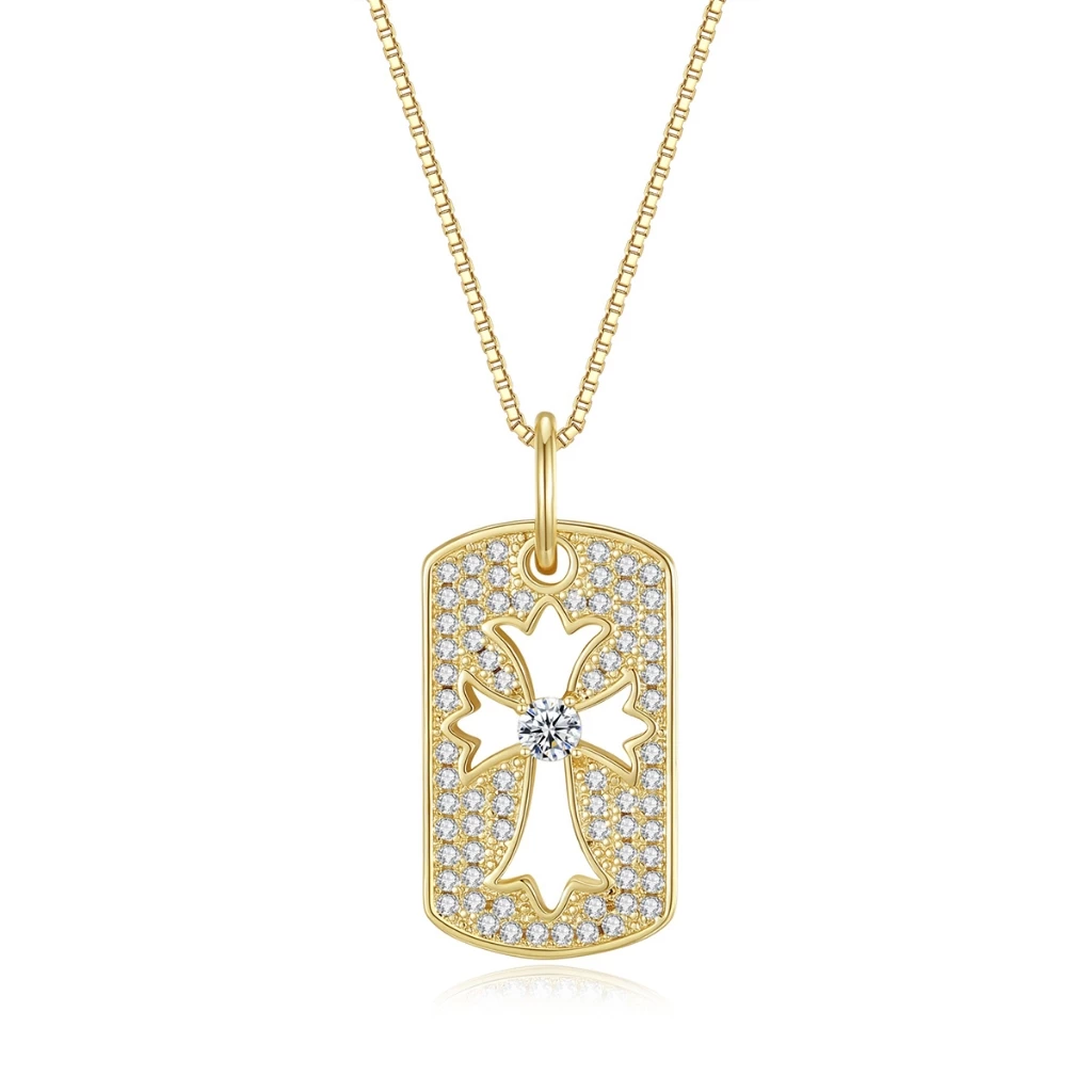 Cadena Collar Placa con Cruz y Corona, Dorada con Brillantes