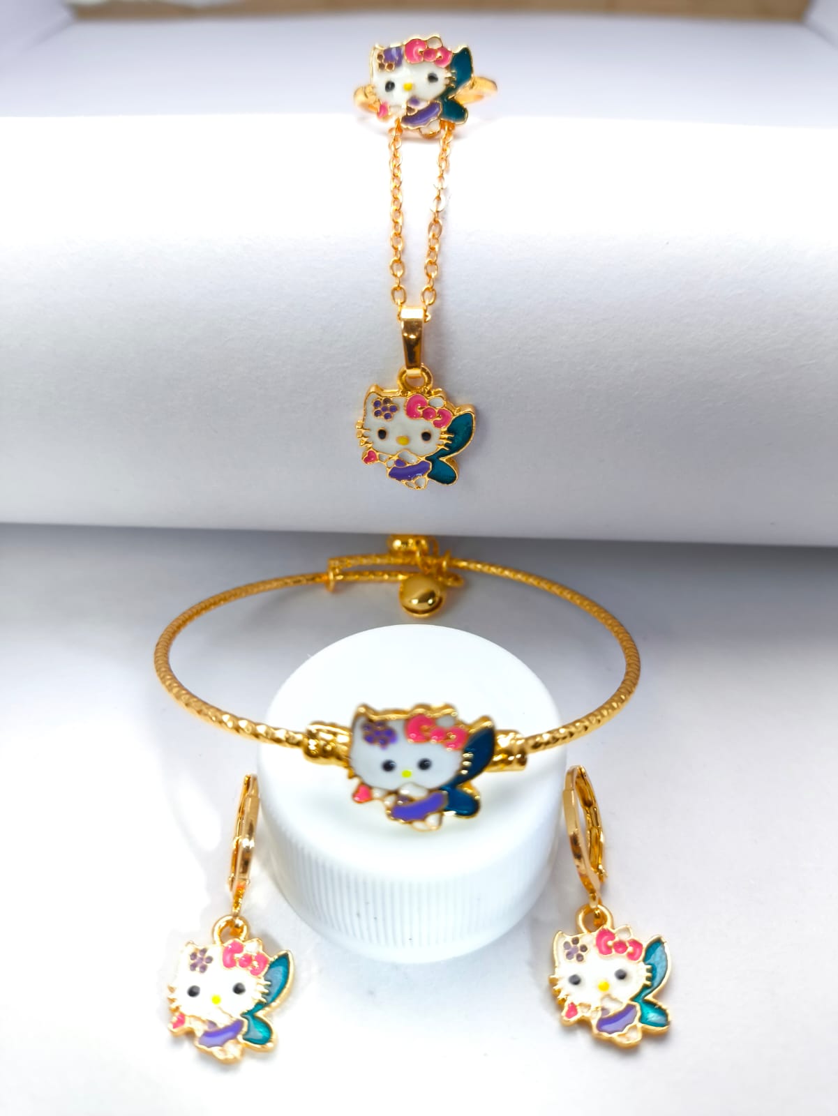 Set Juego Collar+Pulsera+Anillo y Aretes Hada Gatito con baño de oro Oro Laminado Rosa 18K