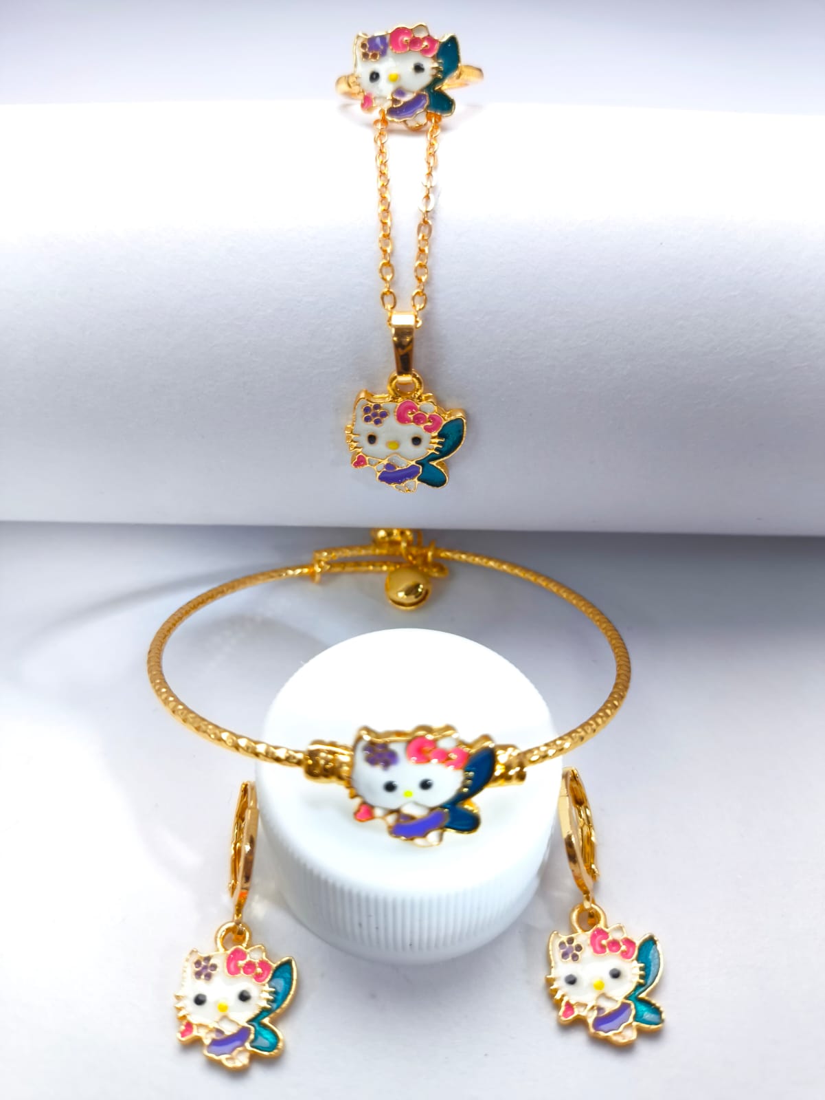 Set Juego Collar+Pulsera+Anillo y Aretes Hada Gatito con baño de oro Oro Laminado Rosa 18K