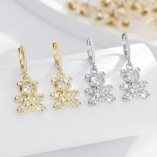 Aretes Candonga Mujer Osito Flor Oro Laminado Circonios