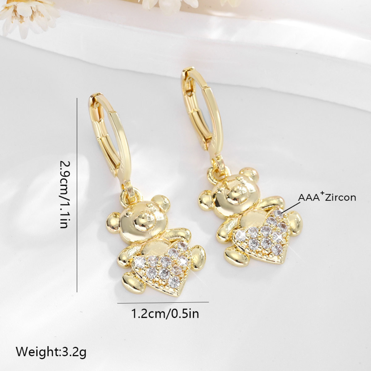 Aretes Candonga Mujer Osito Corazón Oro Laminado Circonios