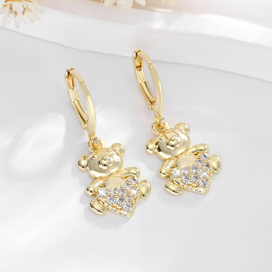 Aretes Candonga Mujer Osito Corazón Oro Laminado Circonios