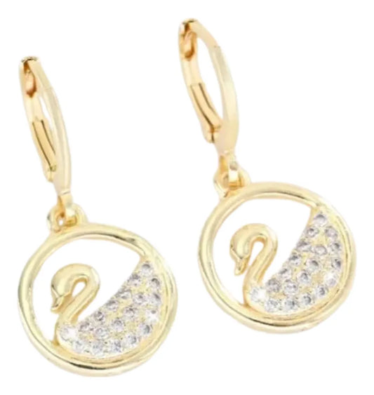 Aretes Para Mujer Niña Cisnes Oro Laminado 18 K  Circonios Brillantes
