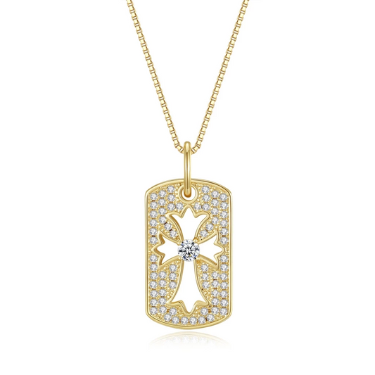 Cadena Collar Placa con Cruz y Corona, Dorada con Brillantes