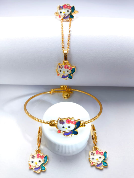 Set Juego Collar+Pulsera+Anillo y Aretes  Hada Gatito con baño de oro Oro Laminado Rosa 18K
